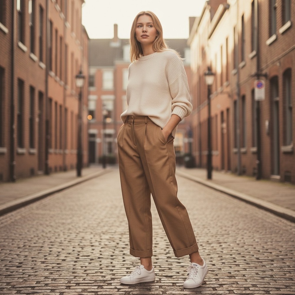 Chloe Camel Tan 100% Virgin Wool Pleated Cuffed Tapered Trousers Size 40 FR